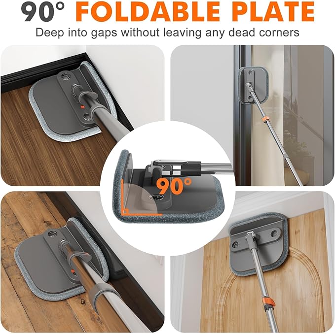 Upgraded Spin Mop and Bucket System Set, Self Separate Clean and Dirty Water, Foldable Square Standing Mop Head with Microfiber Mop Pads, Detachable Bucket (Grey+Orange, Mop Set with 6PC Pads)