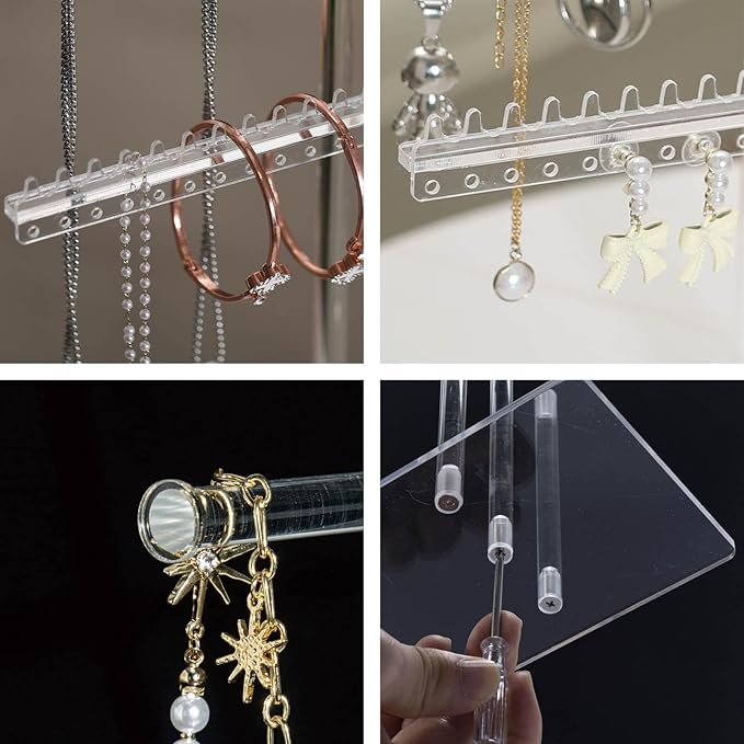 Premium Jewelry Stand, Earring Holder, Necklace Holder Stand, Clear 3-Tier Acrylic Large Storage Jewelry Organizer Stand & Bracelet/Bangles Stand, 48 Earring Holes Display Stands
