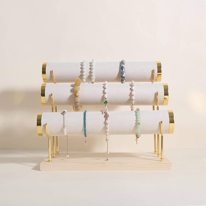 GemeShou Velvet Bangle storage oragenizer for selling, Beige bracelet storage rack for boutique store, Velvet wrap watch holder with wooden base for women girls【Bracelet holder-three tiers】