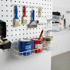 G.CORE Large Peg Board Baskets - 2 Pack Metal Shallow Tray Shelves for 1/4 Pegboards - Spray Bottle Holders Can Organizers for Garage Workbench Shop Hobby Craft Tool Organization (White)
