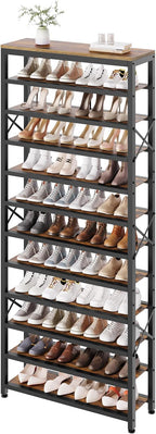 12-Tier Tall Shoe Rack Organizer, Wooden Shoe Storage for Closet Holds 48 Pairs, Sturdy Shoe Shelf with X-Shaped Metal Support, for Entryway, Bedroom, Rustic Brown and Black SS212BR