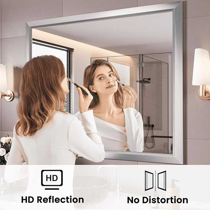 Amorho Bathroom Mirror, 44x36 Inch Silver Thick Metal Framed Wall Mirrors for Over Sink, Brushed Nickel Mirror Perfect for Bedroom, Living Room, Entryway, Rectangle (Horizontal/Vertical).