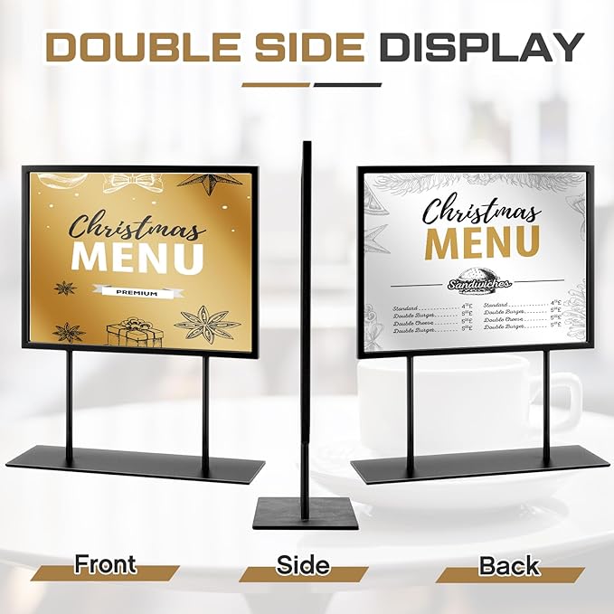 Zhengmy Tabletop Sign Holder with Flat Base Double Sided Countertop Sign Holder Desktop Display Stand Metal Poster Display Stand for Office Store Restaurant Hotels, Black(11" X 8.5",Horizontal,1 Pcs)