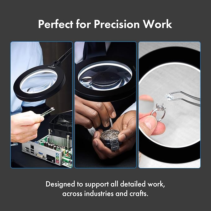 Magnetic LED Work Light with Magnifying Glass 23.5in Flexible Gooseneck for Sewing and Drill Press, 3400Lux 10.5W 110V