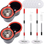 Mop and Bucket Set, 360° Spin Mop and Bucket with Wringer Set and 6 Microfiber Mop Refills, Stainless Steel 61" Extended Handle Spinning Mop Bucket System for Floor Cleaning (2 Sets)