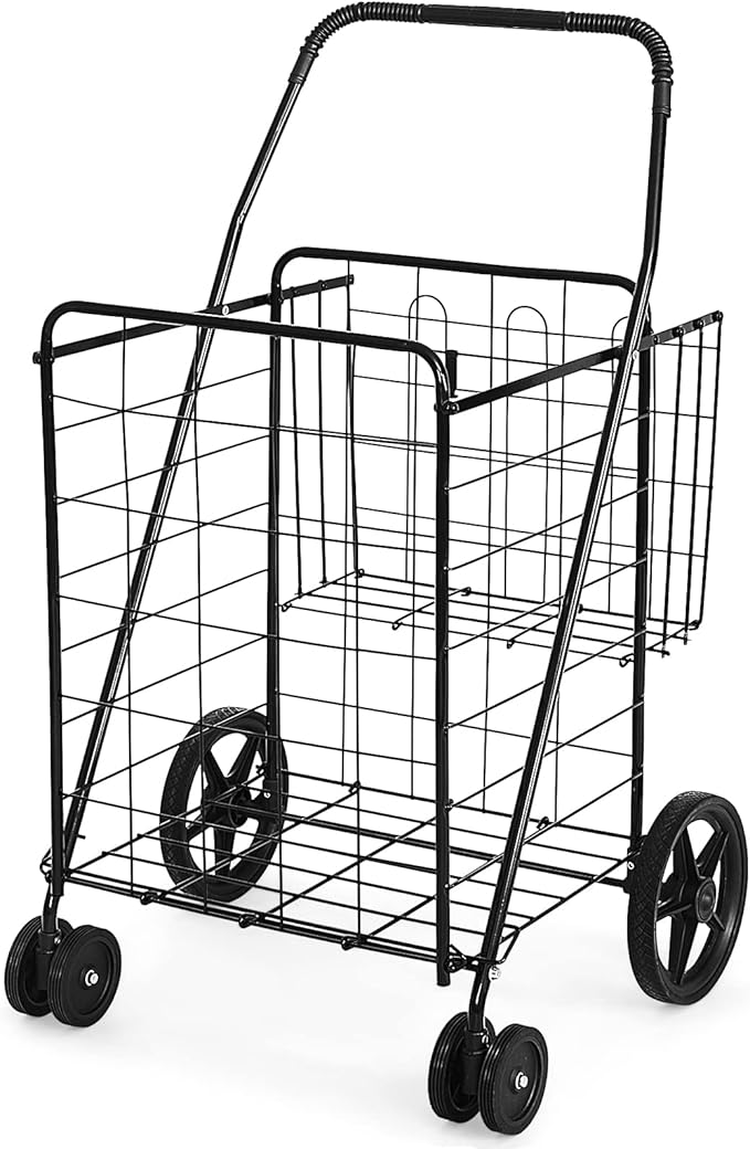 Goplus Jumbo Folding Shopping Cart with Rolling Swivel Wheels, Foldable Grocery Cart on Wheels with Double Basket, Heavy Duty Utility Cart, Shopping Carts for Groceries Laundry Book Luggage Travel