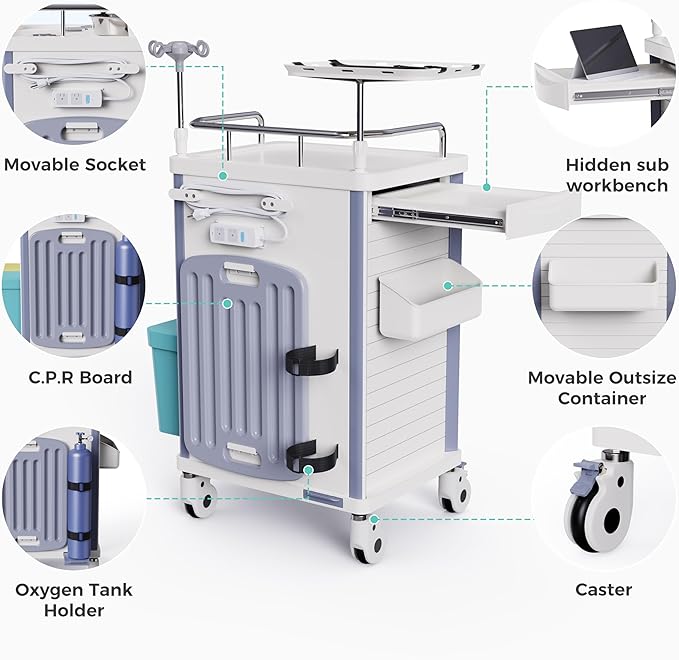 Medical Rolling Crash Cart with Accessories-CPR Board, IV Pole, O2 Holder, Trash Bin, Drawers with Dividers, Mobile Medical Cart for Clinic, Hospital, Nursing Center, Salon, 24.6”Wx19.1”Dx37.1”H