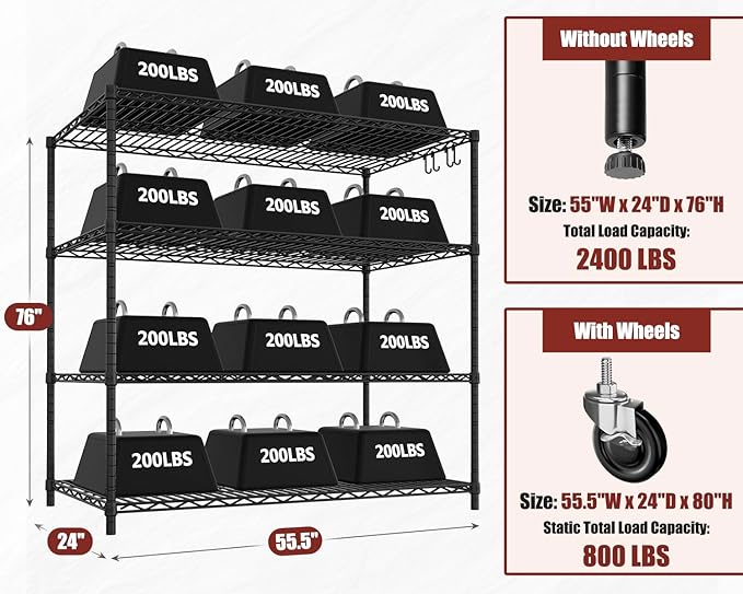 PrimeZone 5 Packs 55.5" W x 24" D x 80" H Heavy Duty Wire Storage Shelves with Wheels, 4 Tier Adjustable NSF Certified Garage Shelving Unit, Rolling Metal Organizer Shelf Rack for Warehouse, Pantry