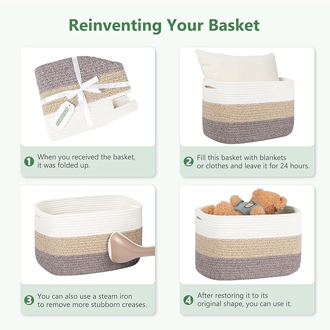 Cotton Rope Basket, Storage Baskets with Handle, 15x10x9 Inch Woven Basket for Shelves, Laundry, Towels, Clothes, Books (White 2Pack)