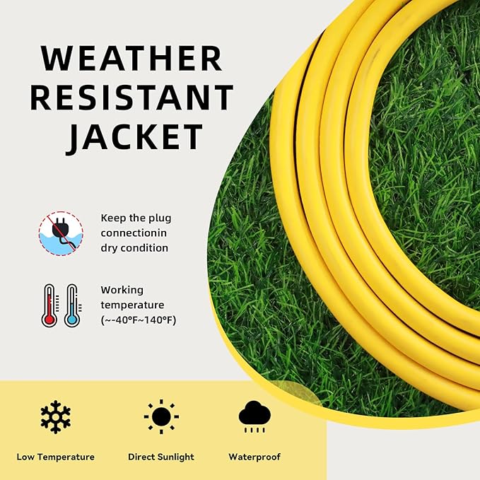 EP 12 Ft Outdoor Extension Cord, 12/3 SJTW Heavy Duty Extension Cable with 3 Prong Grounded Plug, 15 AMP Power Cord for Lawn, Garden, Appliances, Yellow