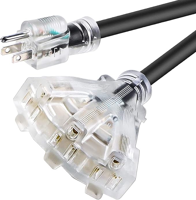 15FT 12/3 Extension Cord Heavy Duty Black 3-Outlet Indoor/Outdoor SJTW Lighted 12-Gauge Grounded Power Cable,12AWG 15 Amp, 1875 Watts，UL Listed，Safety