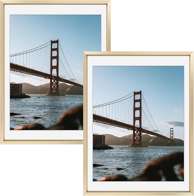 Frametory, 12x16 Metal Picture Frame with Mat for 11x14 Picture & Real Glass, Aluminum Photo Frame Collection (Gold, 2 Pack)
