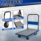 660lbs Large Size Heavy Duty Blue Flatbed Cart, Foldable Steel Platform Dolly with 360° Swivel Wheels, Silent Utility Push Hand Truck for Warehouse & Home