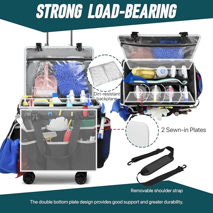 Large Rolling Cleaning Caddy Bag with Detachable Trolley, Full Support Plates for Professional Cleaning Supplies Bag, Organizer Bag with 4 Universal Wheels for Housekeepers, Car Wash, Office, Picnic