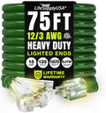 75ft Outdoor/Indoor Extension Cord 3-Outlet 12/3 Gauge Extra Heavy Duty ETL Listed, 3 Prong SJTW, Waterproof, Flexible Cold-Resistant Long Power Cord,15A 125V 1875W, Green by LifeSupplyUSA