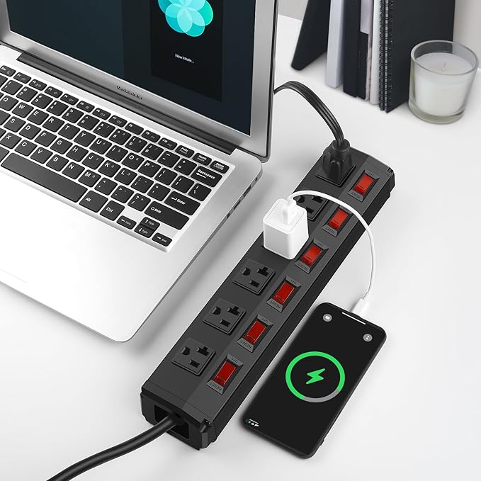 CCCEI Metal Power Strip Individual Switches 6 Outlets, Heavy Duty Power Strip 20Amp Surge Protector for Appliances, 6FT Extension Cord Strip, 1200J Surge Protector 20A 125V 2500W.