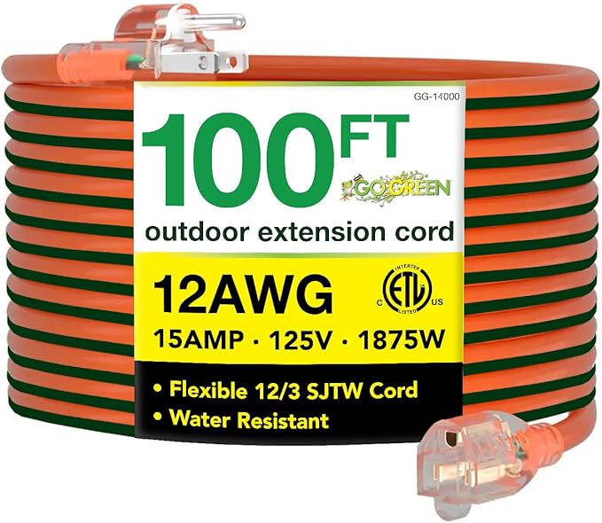 Go Green Power Inc. (GG-14000) 12/3 SJTW Outdoor Extension Cord, Lighted End, Orange, 100 ft