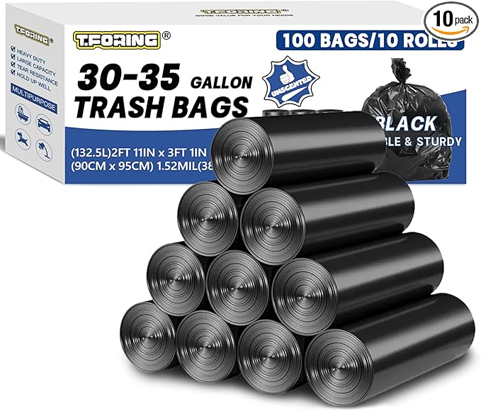 30-35 Gallon Trash Bags Heavy Duty 1.5 Mil - 35" x 37" 100 Count Large Black Garbage Bags 30+ Gallon Strong Plastic Trash Can Liners for Home Kitchen Commercial Lawn and Leaf