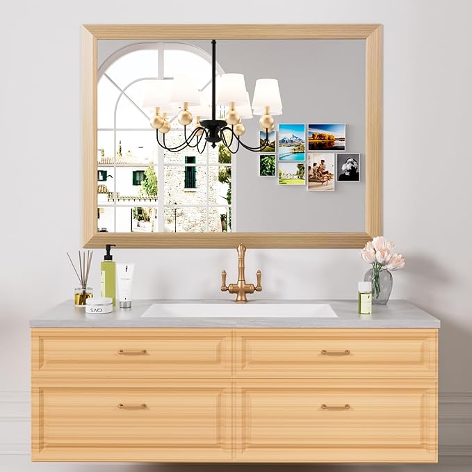 Amorho Bathroom Mirror 40" X30", HD Reflection Metal Framed Mirror for Wall, Anti-Rust, Hang Horizontally/Vertically, Suitable for Bedroom, Farmhouse, Bathroom, entryway (Oak Wood Grain)