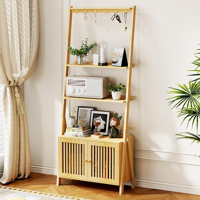 Bookcase with Drawers, 4-Tier Bamboo Bookshelf Ladder Shelf with 6 Hooks, Tall Narrow Book Shelf, 24.8"L x 10.6"W x 59.5"H, Standing Storage Organizer for Living Room, Home Office, Bedroom, Bathroom
