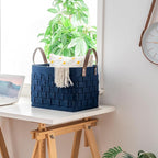 boldmonkey Blankets Basket 16.5 " x13 x13 , Extra Large Rectangular Laundry Hamper with Leather Handle, Soft Dog Toy Basket for Storage-Navy Blue