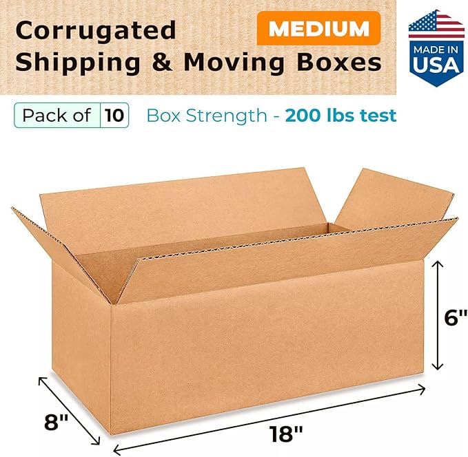 Medium Shipping & Moving Boxes 18x8x6 inches (10-Pack) - Extra Strength 200 lb vs Regular - Corrugated Packing Boxes for USPS/UPS/FEDEX - Cardboard Box for Moving - Carton Box by IDL Packaging