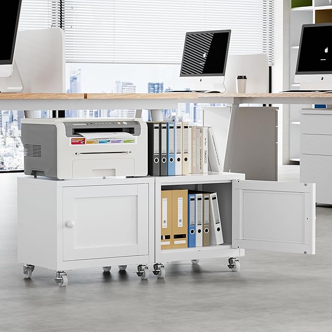 Small Printer Stand with Storage, Home Office Printer Table for Small Spaces, Under-Desk 3D Printer Stand with Wheels, for Office Copier and Fax Machine, White