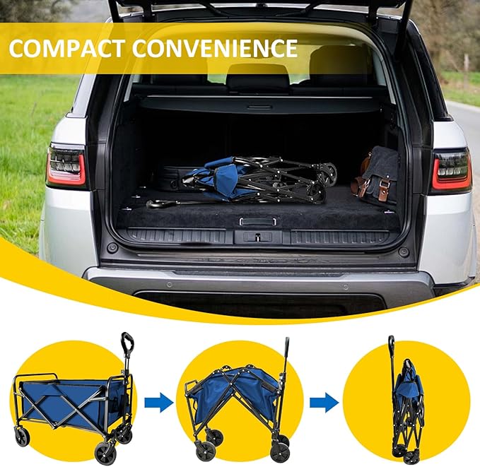 Collapsible Utility Cart Folding Wagon, 220 lbs Capacity Lightweight Rolling Cart with Quiet Wheels, Quick-Fold Design for Camping, Shopping, Ourdoor Use, Blue 2PCS