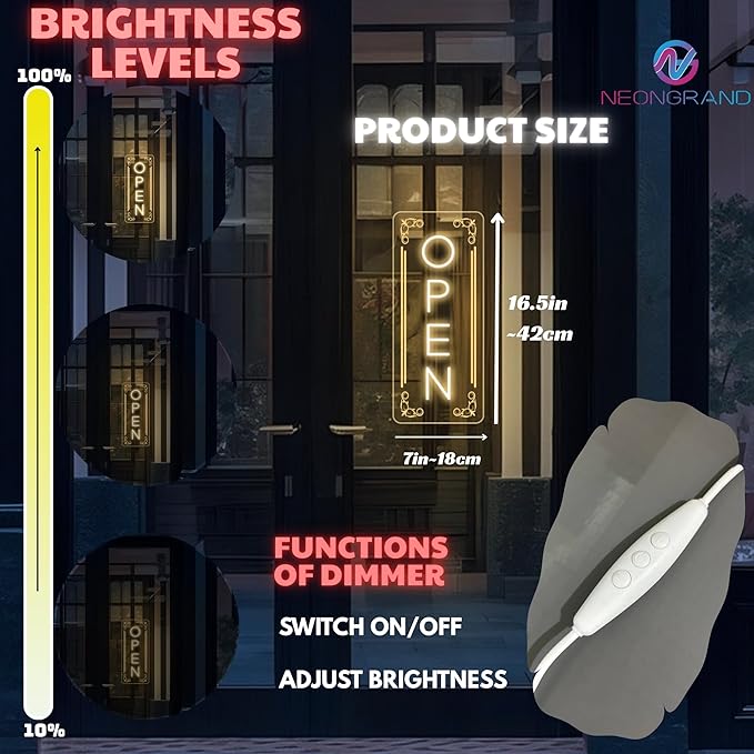 Vertical LED Open Sign - UV printing Pattern, LED Open Signs for business – USB Powered Neon Wall Light, Neon Sign for Shop, Window, or Business Use (7x16.5'', Warm White)