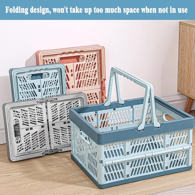 Collapsible Storage Crate with Handles, 20L Foldable Plastic Basket, Organizer Container (Light pink, M)