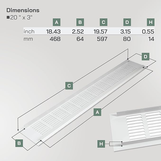 Vent Systems 19.69 x 3.15 Inch (Outer Size) Rectangular Door Vent - White Aluminum Vent Cover Toe Kick Vent Cover - HVAC for Home Cabinet Vent - Intake/Exhaust Door Return Air Vent