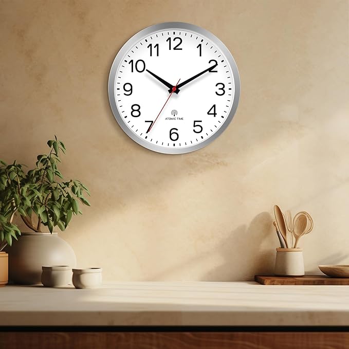 AKCISOT Atomic 12 Inch Wall Clock Analog Clocks for Indoor Kitchen, Battery Operated Clock for Bedroom Office Classroom Living Room(Silver)