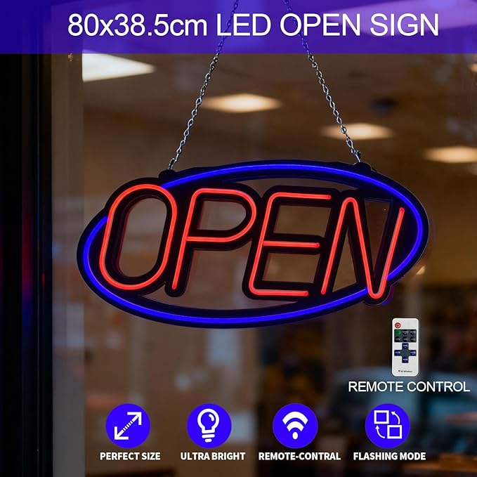 32'' X 15'' ASBAVA Super Bright LED Open Sign Remote Controlled — Dynamic Light Modes Neon Large Open Sign for business - Get Your Business Seen Day or Night (RED and BLUE)