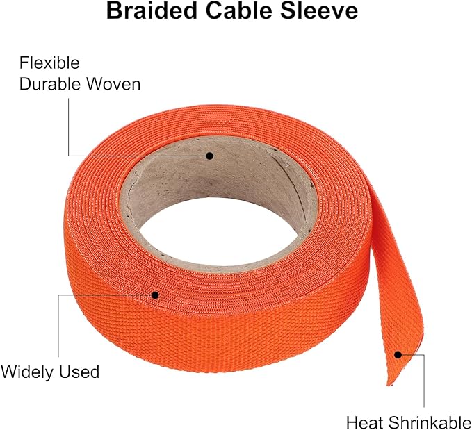MECCANIXITY Braided Cable Sleeves Heat Shrinkable Fabric Sleeving, 5/8" 16ft Orange 2:1 Ratio Heat Shrinkable Cord Protector for Harness Cable, Network Cable Protection, Cable Management