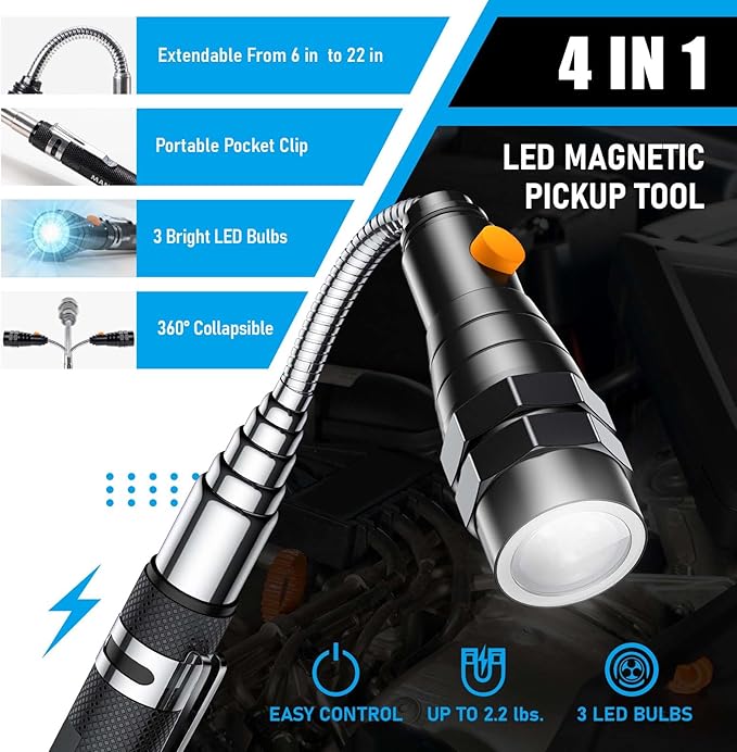 Telescoping Magnet Pickup Tool with 3 LED Magnetic Flashlight, Christmas Stocking Stuffers for Men Adults, Cool Gadgets Birthday Gifts for Men, Dad, Husband, Boyfriend