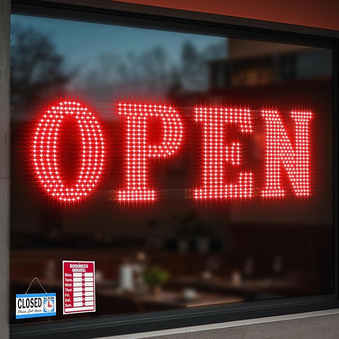 30"x10" Large LED Open Signs for Business Super Bright Unique Design Red Open Sign with Hanging Installation for Window Stores Bar Hotel Retail Shops Salon Restaurant Office