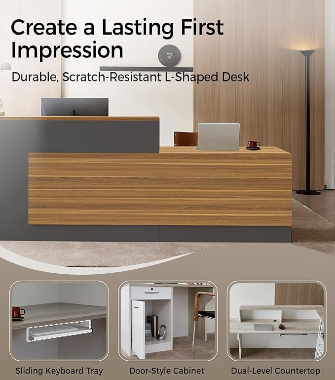Modern L-Shaped Reception Desk with Counter - 71" Front Desk Reception Counter with Open Shelves, Lockable Drawer, Keyboard Tray & Modesty Panel for Office, Lobby, Salon, Spa, Retail Checkout, Left