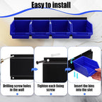Maitys Wall Mounted Storage Bins Plastic Hanging Stackable Storage Parts Garage Tool Organizer for Screws, Nuts, Bolts, Nails, and Small Hardware Parts, 16x Bins & 4 x Rails(Blue)