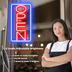 Led Neon Open Signs for Business,16.5"X 9" Ultra Bright Open Signs, Powered by 12V/2A AC Adapter, 6 Levels Adjustable Bright Led Neon Open Sign for Bar Salon Coffee Stores Club Hotel (Vertical)