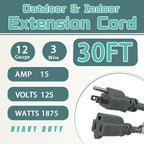 30 Ft Outdoor Extension Cord - 12/3 SJTW Heavy Duty Grey Extension Cable with 3 Prong Grounded Plug - Power Cord for Lawn, Garden, Appliances