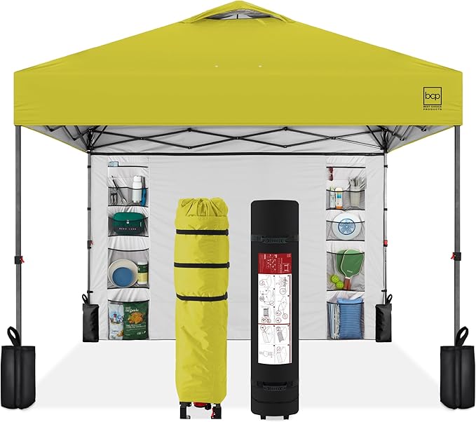 Best Choice Products 10x10ft Easy Pop Up Canopy w/Side Wall, 10 Pockets, Portable Carrying Case, 1-Button Setup, 4 Weight Bags - Yellow