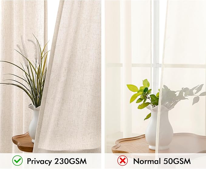 MIULEE Non-See-Through Privacy Linen Curtains 2 Panels, Light Filtering Window Curtains Farn House Textured Back Tab Semi Sheer Drapes for Bedroom Living Room, 52 x 96 Inches Long, Birch