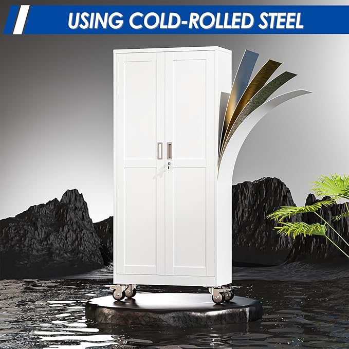 Metal Garage Storage Cabinet with Lock, Steel Tool Cabinet with 2 Doors and 5 Adjustable Shelves, 75” Tall Lockable File Cabinet with Wheels, Organization for Home Office Garage Gym - White