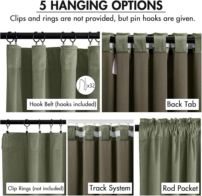 MIULEE Sage Green Velvet Curtains 90 Inches Long 2 Panels Set for Bedroom, Pinch Pleat Back Tab Luxury Thermal Insulated Living Room Darkening Drapes Pleated Blackout Window Curtains with Hooks