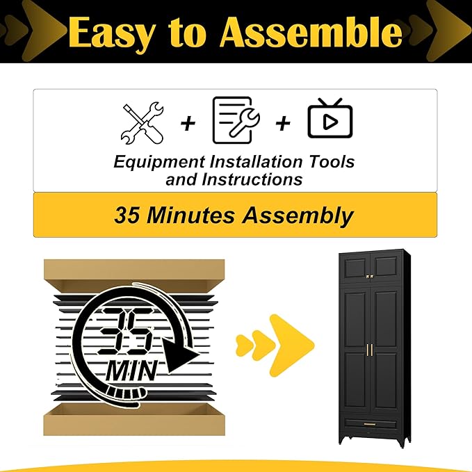 90" Kitchen Pantry Cabinet with Drawer, Metal Storage Cabinets with Doors and 4 Adjustable Shelves,Black Kitchen Cabinet with 2 Gold Handles,Food Cupboard for Livingroom,Pantry