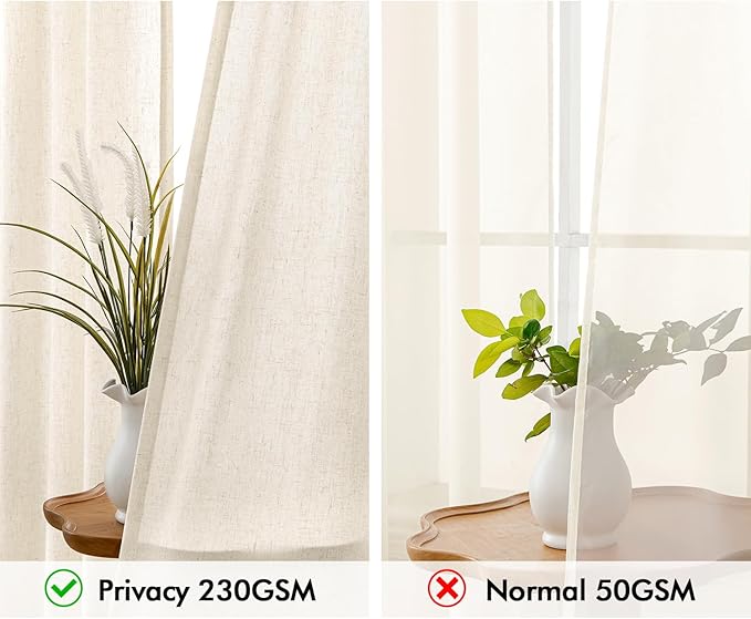 MIULEE Non-See-Through Privacy Linen Curtains 2 Panels, Light Filtering Window Curtains Farnhouse Textured Back Tab Semi Sheer Drapes for Bedroom Living Room, 52 x 63 Inches Long, Ivory
