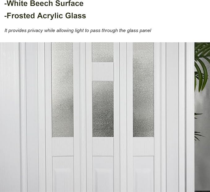 60X79in Frosted Acrylic Glass PVC Accordion Folding Door for Closet,Multifold Interior Door with Installation Hardware,Includes Handle and Latch,White Beech