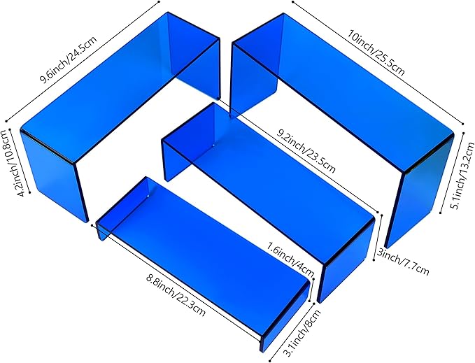 ELEGANTLIFE Acrylic Display Riser,4.3mm Heavy Duty Crystal Display Stand Shelf Layered Aesthetic, Jewelry Display Shelf Risers for Décor,4 Pack Set Multi-color (Blue)