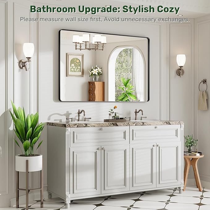48X32 Black Bathroom Mirror for Over Sink, Metal Framed Vanity Mirror Wall Mounted, Rectangle Mirror for Bedroom Living Room Restroom Entryway, Anti-Rust, HD Tempered Glass