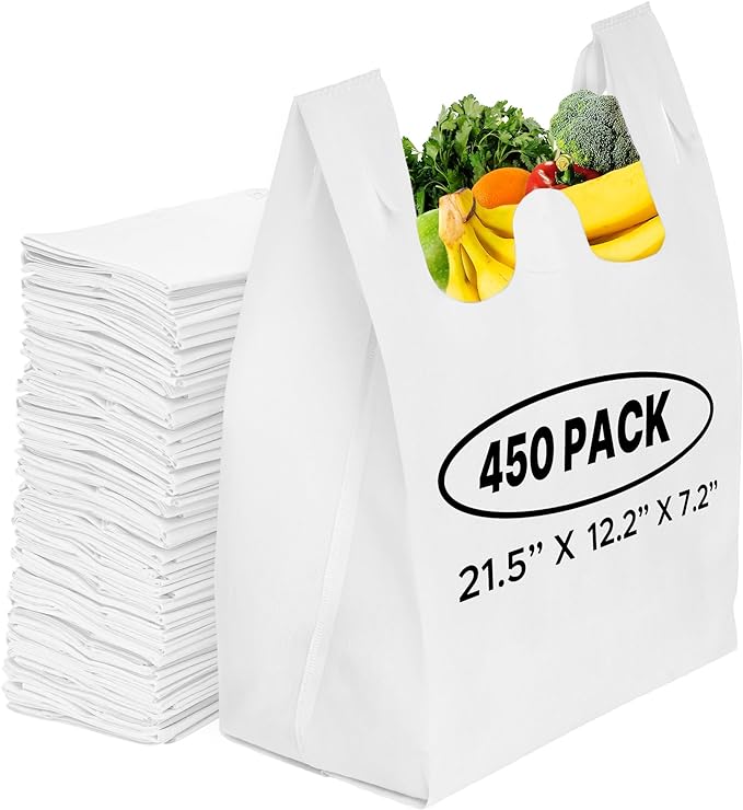 Simply Cool 450 Pack Reusable Eco-Friendly Grocery T-Shirt Shopping Bags 21.5"x12.2"x7.2" Durable, Recyclable Washable Foldable Portable Shopping Tote Bags Bulk